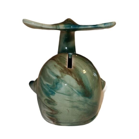 Vintage Ceramic Green Marble Swirl Glazed Whale Coin Bank - Picture 3 of 5